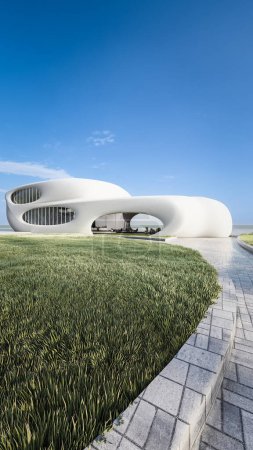 Téléchargez les photos : Architecture 3d rendu illustration de maison minimale avec allée et vue sur la pelouse - en image libre de droit