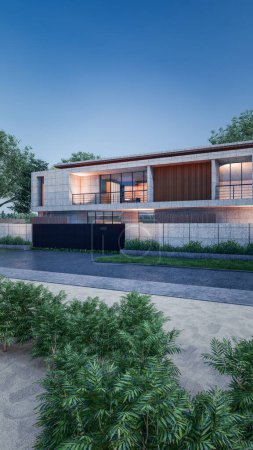 Téléchargez les photos : Architecture 3d rendu illustration de maison moderne minimale - en image libre de droit