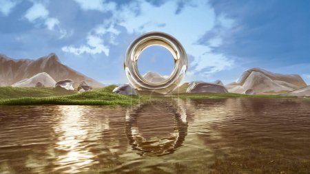 Foto de Esfera de metal plateado brillante con agujero central en tierra con reflejo de agua y fondo natural, ilustración de representación 3d - Imagen libre de derechos