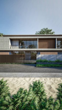 Photo for Architecture 3d rendering illustration of minimal modern house with natural landscape - Royalty Free Image