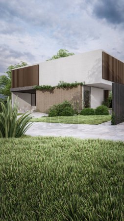 Photo for Architecture 3d rendering illustration of minimal modern house with natural landscape - Royalty Free Image