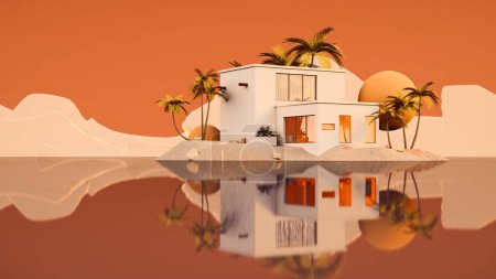 Photo for Architecture 3d rendering illustration of minimal modern house on a beach with water reflection and palm trees background - Royalty Free Image