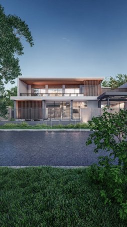 Téléchargez les photos : Architecture 3d rendu illustration de maison moderne minimale avec paysage naturel - en image libre de droit