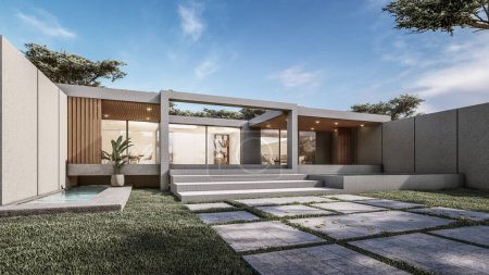 Foto de Arquitectura 3d representación ilustración de la casa moderna mínima con paisaje natural - Imagen libre de derechos
