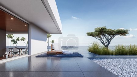 Foto de Arquitectura 3d representación ilustración de la casa moderna mínima villa con cama de sol y vistas al mar - Imagen libre de derechos