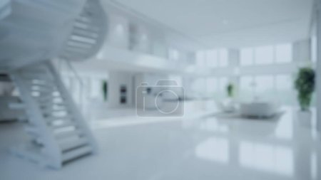 Téléchargez les photos : Rendu architectural 3D de salon blanc avec l'illustration floue d'arrière-plan d'escalier - en image libre de droit