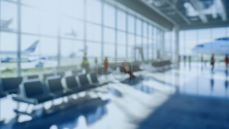 Foto de Visualización 3D arquitectónica del área de espera en la terminal del aeropuerto Ilustración de fondo borrosa - Imagen libre de derechos
