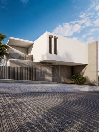 Téléchargez les photos : Architecture 3d rendu illustration de maison moderne minimale avec paysage naturel - en image libre de droit