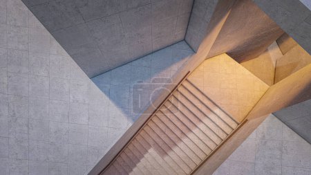 Foto de Arquitectura 3d representación ilustración vista superior de la casa moderna mínima con escalera interior - Imagen libre de derechos