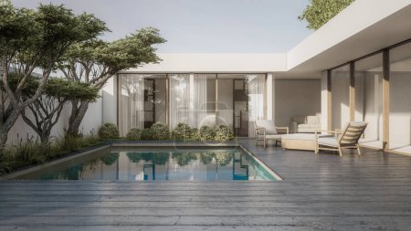 Photo for Architecture 3d rendering illustration of minimal modern house with swimming pool - Royalty Free Image