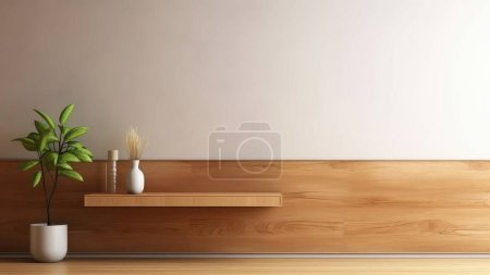 Foto de Representación 3D de una sala de estar con un estante de madera y un sillón de tapicería. - Imagen libre de derechos