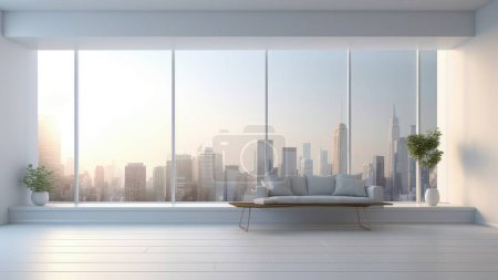 Foto de Representación en 3D de una moderna sala de estar con vistas al horizonte de la ciudad. - Imagen libre de derechos