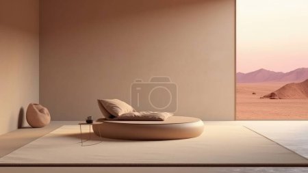 Foto de Representación en 3D de un cojín chaise lounge tapizado en una sala de estar con fondo de vista al desierto. - Imagen libre de derechos