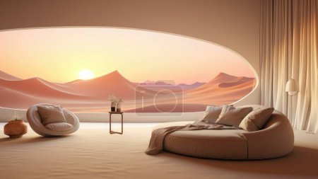 Téléchargez les photos : Rendu 3D d'un salon avec une grande fenêtre donnant sur un paysage désertique. - en image libre de droit