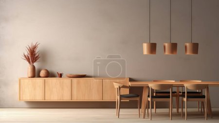 Foto de Representación 3D de una mesa de comedor de madera y sillas de madera tapicería en un comedor moderno. - Imagen libre de derechos