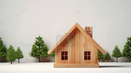 Photo for 3D Rendering of a wooden model of a house on a wooden base, suggesting the potential for creativity and imagination in art. - Royalty Free Image