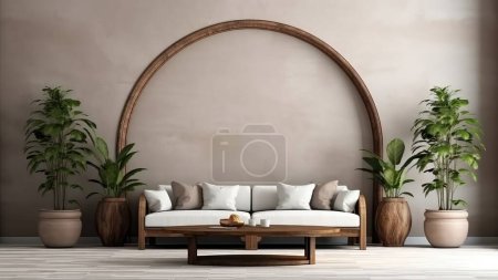 Photo for 3D rendering of a cozy living room with a comfortable sofa, potted plants, and the wooden arc on wall. - Royalty Free Image