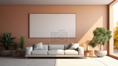 Téléchargez les photos : Rendu 3D d'un salon avec un canapé, plantes en pot, et une bordure photo sur le mur. - en image libre de droit
