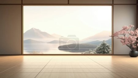 Téléchargez les photos : Rendu 3D d'un salon spacieux avec une grande fenêtre donnant sur un lac. - en image libre de droit