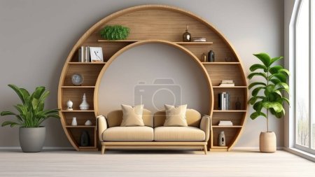 Photo for 3D rendering of a modern living room with a couch, circular wooden shelves, and potted plants. - Royalty Free Image