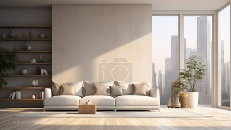 Téléchargez les photos : Rendu 3D d'un salon avec un canapé et une vue sur la ville depuis la fenêtre. - en image libre de droit
