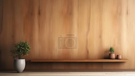 Foto de Una pared de madera con un estante y plantas en maceta en ella. - Imagen libre de derechos