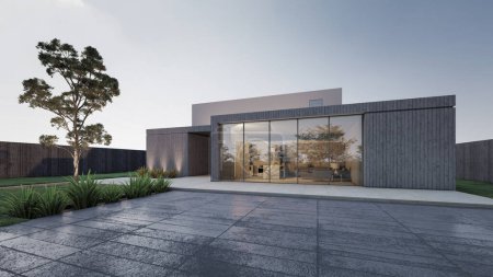 Téléchargez les photos : Illustration de rendu 3D de la maison moderne avec une vue naturelle. - en image libre de droit