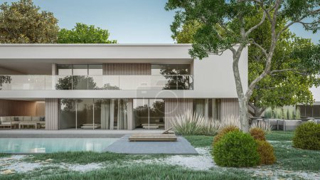 Téléchargez les photos : Illustration de rendu 3d de la maison moderne avec piscine. - en image libre de droit