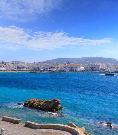 Photo for Panoramic view of the old port of Mykonos in Greece. Walkway on the marina. - Royalty Free Image