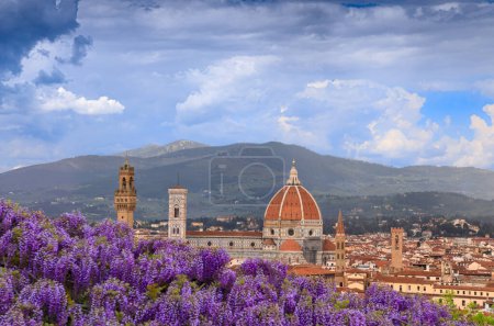 Téléchargez les photos : Époux printanier de Florence : Cathédrale Santa Maria del Fiore vue du jardin Bardini avec glycine typique en fleurs. - en image libre de droit