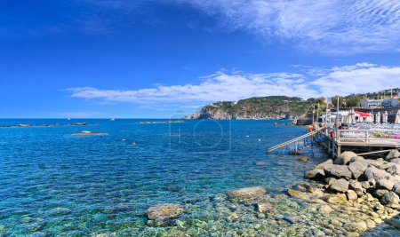Téléchargez les photos : Vue de la côte de l'île d'Ischia : plage rocheuse de la ville de Forio dans le sud de l'Italie. - en image libre de droit