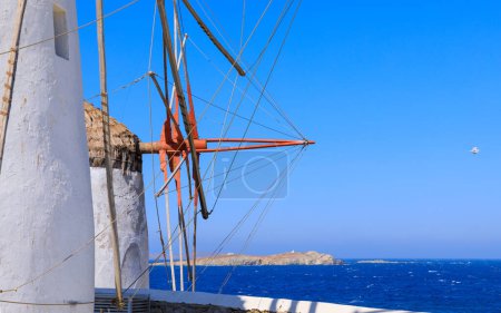 Traditional windmill of Grece: the windimills are iconic feature of the Greek island of the Mykonos. It's one of the Cyclades islands in the Aegean Sea.