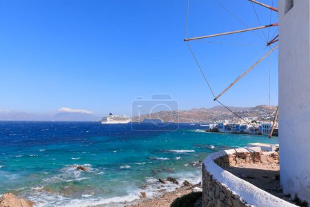 View of the famous pictorial Little Venice in Mykonos island from typical vindmills, Greece.