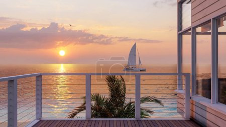 Photo for Outdoor seaside wooden balcony deck and beautiful sea view on sunset, 3d rendering - Royalty Free Image
