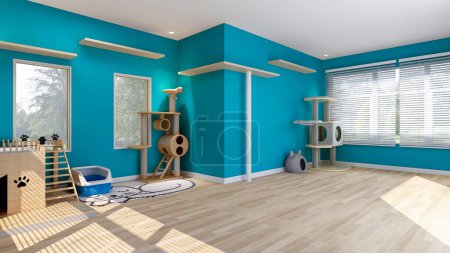 Katzenzimmer Innenraum in blauer Wand mit Katzenhaus und Katzenwohnung, Raum für Katze, 3D-Rendering 