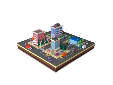Isometrische Cartoon Low-Poly-Stadtlandschaft, 3D-Rendering