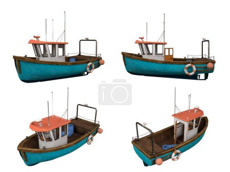 Foto de Dibujos animados bajo poli barco de pesca conjunto sobre fondo blanco, camino de recorte, 3d renderizado - Imagen libre de derechos