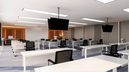 Interieur eines großen modernen Bürotrainingsraums mit großem gebogenem Bildschirm für Präsentations- und Deckenbildschirme, 3D-Rendering