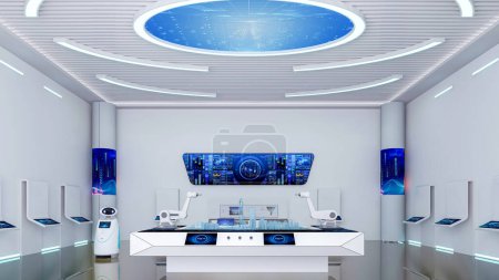Futuristischer Sci-Fi-Flur-Innenraum mit Hologrammtisch, Smart Robot und Monitor-Bildschirm an der Wand, 3D-Rendering