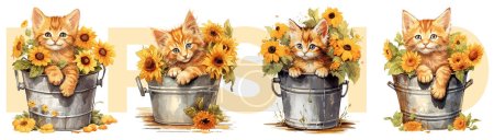 Téléchargez les illustrations : Aquarelle style peinture de chaton orange et fleurs dans un seau d'eau, Illustration vectorielle - en licence libre de droit