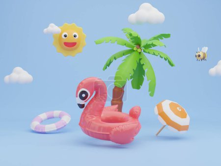 Photo for 3d summer Illustration of Swimming Pool Inflatable Rubber Pink Flamingo, Swim Ring and Coconut Tree on the blue background. - Royalty Free Image