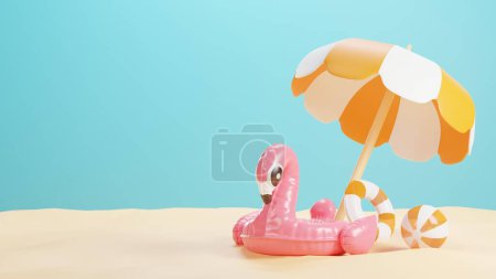 3d summer Illustration of Swimming Pool Inflatable Rubber Pink Flamingo, swim ring, beach umbrella and ball on sand. 