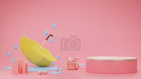 Ilustración Temporada Monzón 3d tiene un paraguas, caja de regalo, bolsa de compras, podio para productos de la demostración, y el agua en el suelo, con un fondo rosa.