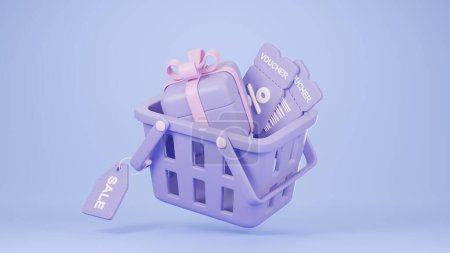 Téléchargez les photos : Panier 3D Render Violet, contenant boîte cadeau et bon cadeau avec étiquette de vente sur un fond bleu. - en image libre de droit