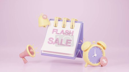 Téléchargez les photos : 3D Render Flash calendrier de vente, décorer avec mégaphone, cloche, réveil. - en image libre de droit