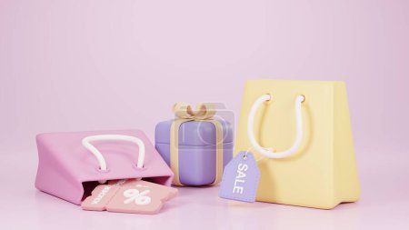 Téléchargez les photos : Illustration 3D de sac à provisions coloré avec étiquette de vente, bon cadeau, boîte cadeau. - en image libre de droit