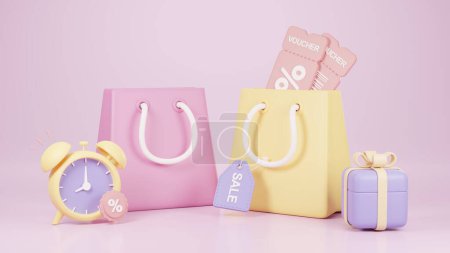 Téléchargez les photos : Illustration 3D de sac à provisions coloré avec étiquette de vente, bon cadeau, boîte cadeau, réveil. - en image libre de droit