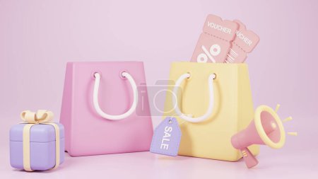 Téléchargez les photos : Illustration 3D de sac à provisions coloré avec étiquette de vente, chèque-cadeau, boîte cadeau, réveil, mégaphone. - en image libre de droit