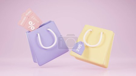 Téléchargez les photos : Illustration 3D de sac à provisions coloré avec étiquette de vente, bon cadeau. - en image libre de droit