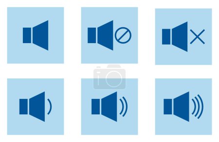 Photo for Blue icons of volume in squares. Volume control buttons. Audio, video, sound speaker. Vector icons set - Royalty Free Image
